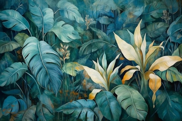 Une peinture de plantes tropicales avec des feuilles et des fleurs.