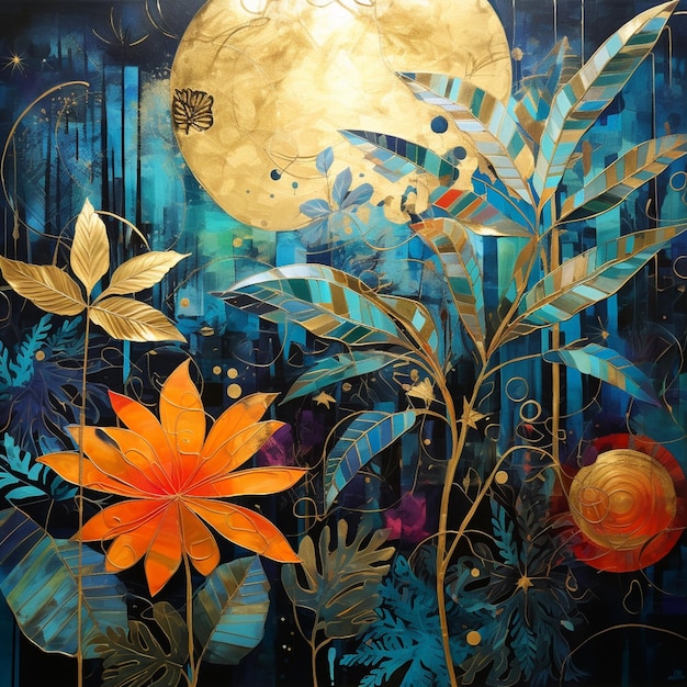 peinture d'une pleine lune avec une fleur et un papillon au premier plan IA générative