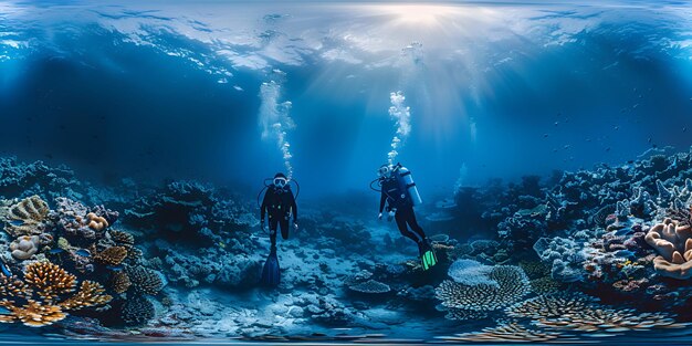 une peinture de plongeurs sous-marins dans l'eau avec le soleil brillant sur eux