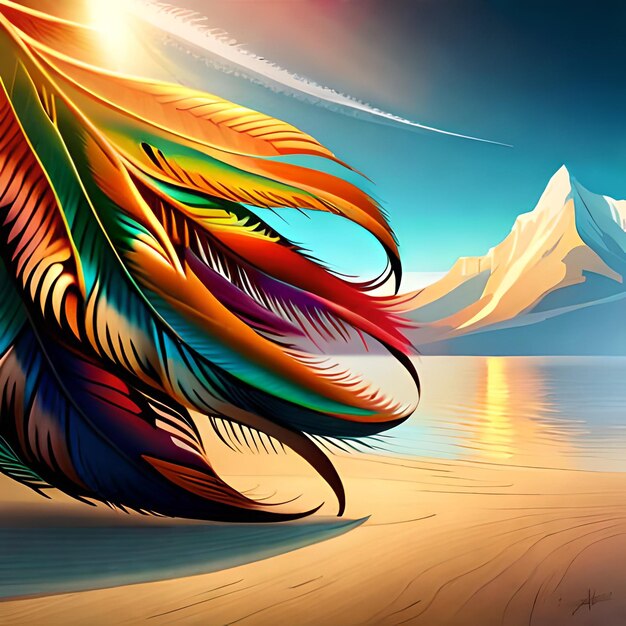 Une peinture de plumes colorées avec des montagnes en arrière-plan.