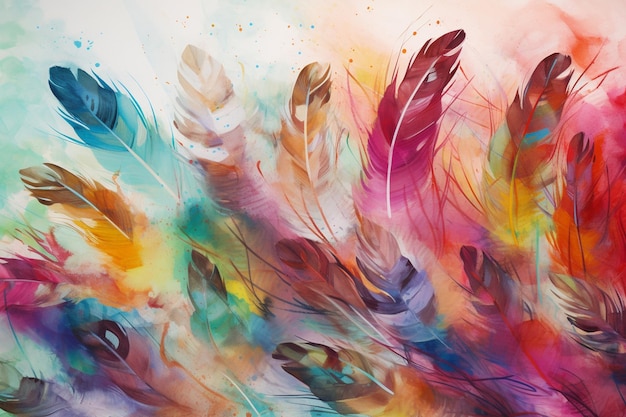 Une peinture de plumes colorées avec le mot plumes dessus.