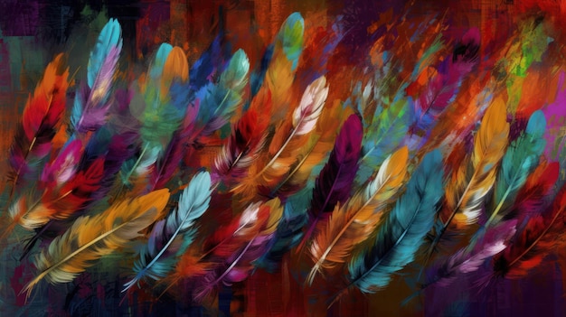 Une peinture de plumes colorées avec le mot plumes dessus.