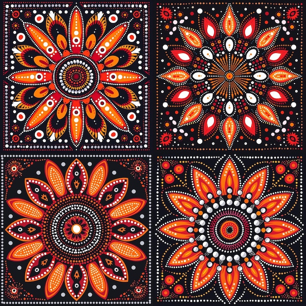 Peinture de points aborigènes avec illustration vectorielle de fleurs de pavot rouge