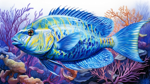 une peinture d'un poisson bleu et jaune avec le titre le nom de la mer