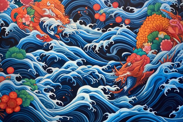 Une peinture d'un poisson dans une vague