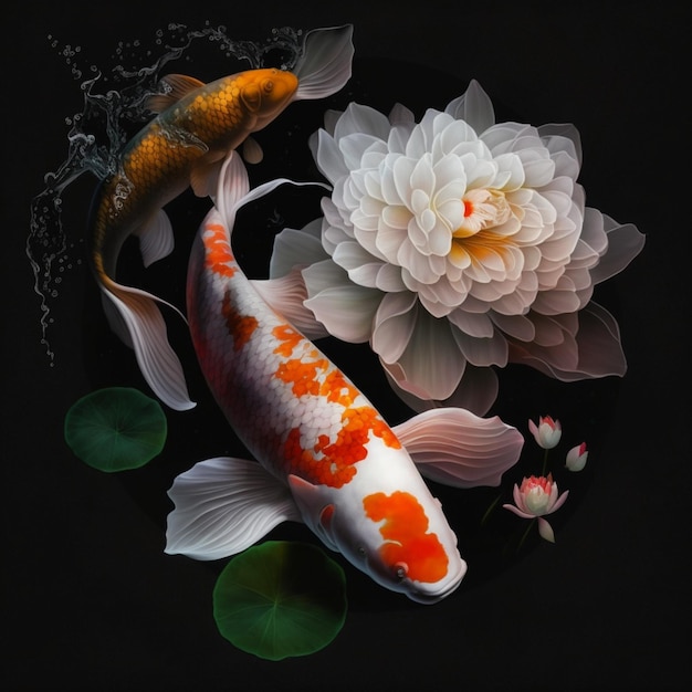 Une peinture d'un poisson koi et d'une fleur avec un fond blanc.