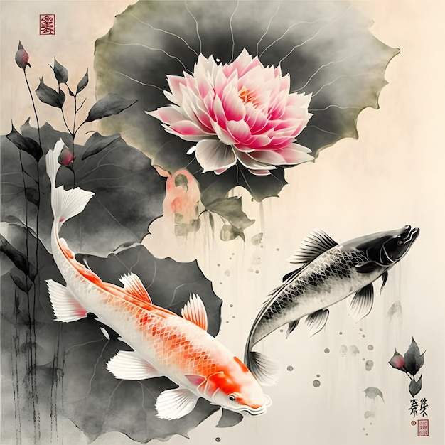 Une peinture d'un poisson koi et d'une fleur de lotus.