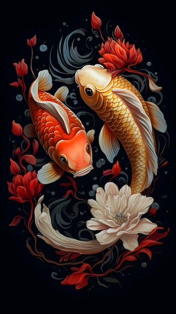 Photo une peinture d'un poisson koi et d'une fleur.