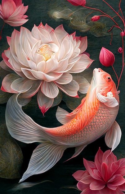 Peinture d'un poisson koi et fleurs ai génératif