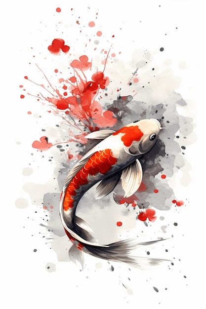 Photo peinture d'un poisson koi avec des taches rouges et une éclaboussure de sang générative ai