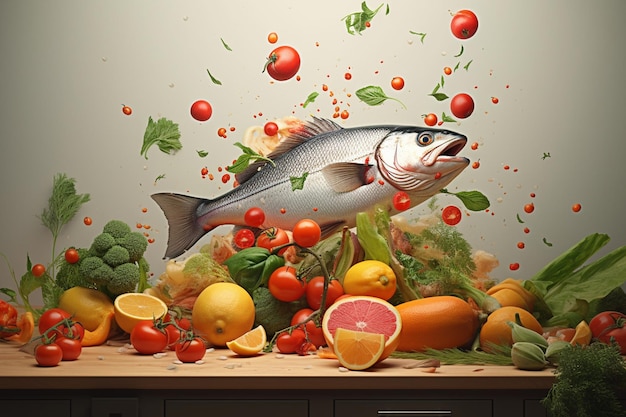 Une peinture d'un poisson avec des légumes et des fruits dessus