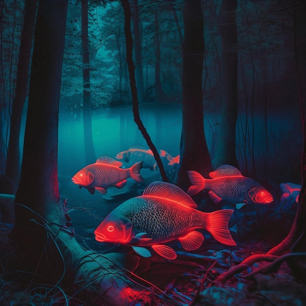 Une peinture d'un poisson avec des lumières rouges sur ses lumières