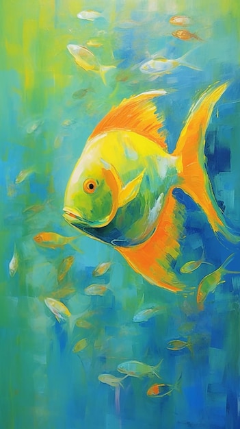 Une peinture d'un poisson avec des nageoires jaunes et un fond bleu.