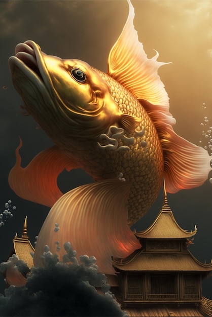 Peinture d'un poisson d'or avec une pagode en arrière-plan ai générative