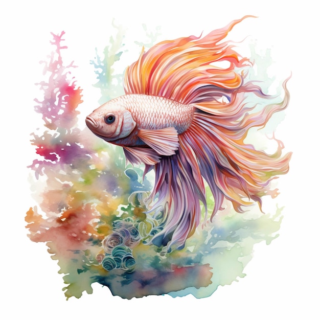 Peinture d'un poisson avec une queue colorée et un fond blanc ai génératif