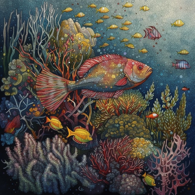 peinture d'un poisson et d'un récif de corail avec de nombreux types différents de poissons IA générative