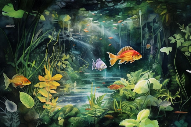 peinture d'un poisson rouge dans un jardin tropical avec de l'eau et des plantes ai générative