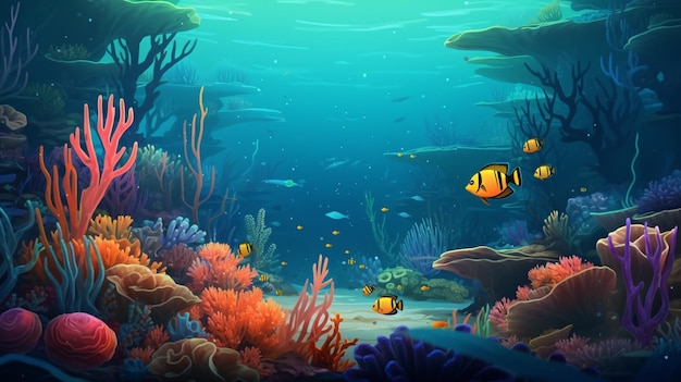 Une peinture de poissons et de coraux sous la mer.