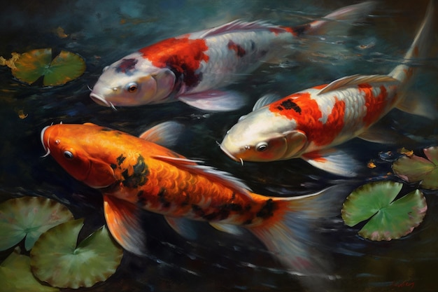 Une peinture de poissons koi dans un étang.