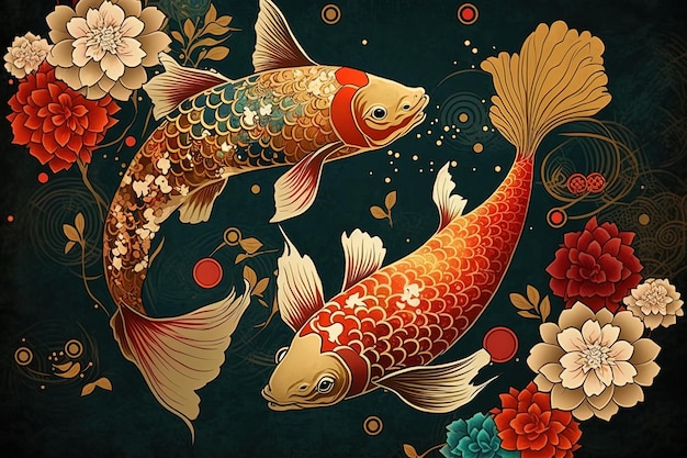 Peinture de poissons Koi dans la peinture d'art numérique floral dans le style asiatique japonais