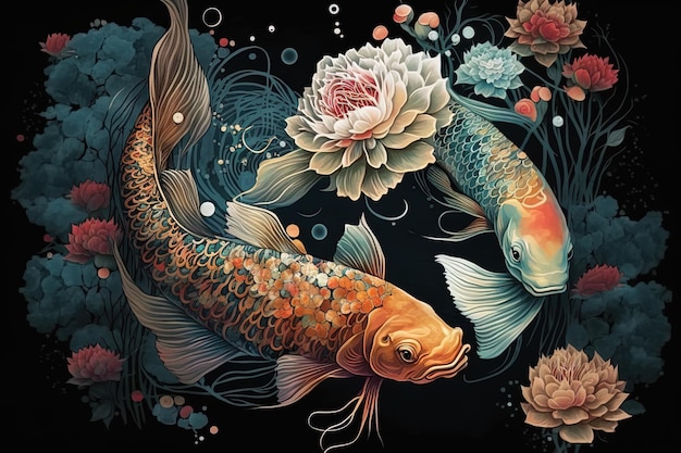 Peinture de poissons Koi dans la peinture d'art numérique floral dans le style asiatique japonais