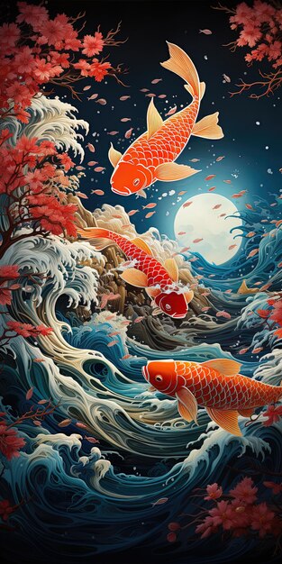 Une peinture de poissons koi nageant dans l'océan.