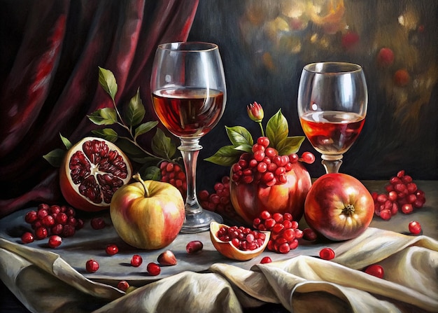 une peinture de pommes de pommes et un verre de vin