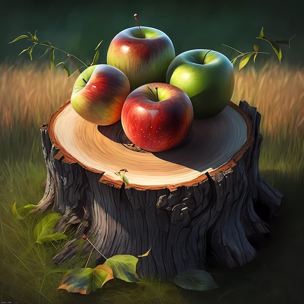 Une peinture de pommes sur une souche d'arbre