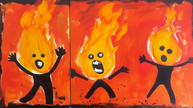 Une peinture d'un pompier avec des flammes dessus