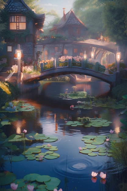 Une peinture d'un pont au-dessus d'un étang avec des nénuphars image générative ai
