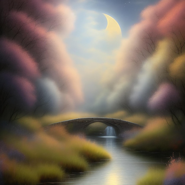 Une peinture d'un pont avec une lune dans le ciel