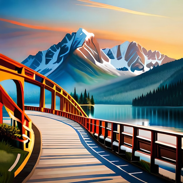 Une peinture d'un pont avec une montagne en arrière-plan.