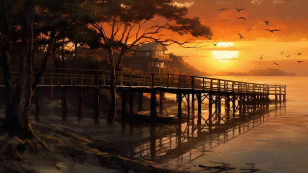 Une peinture d'un pont sur un plan d'eau avec un coucher de soleil en arrière-plan.