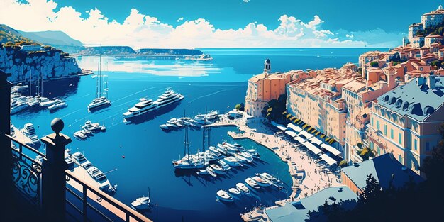 Une peinture d'un port avec des bateaux et un bateau dans l'eau.