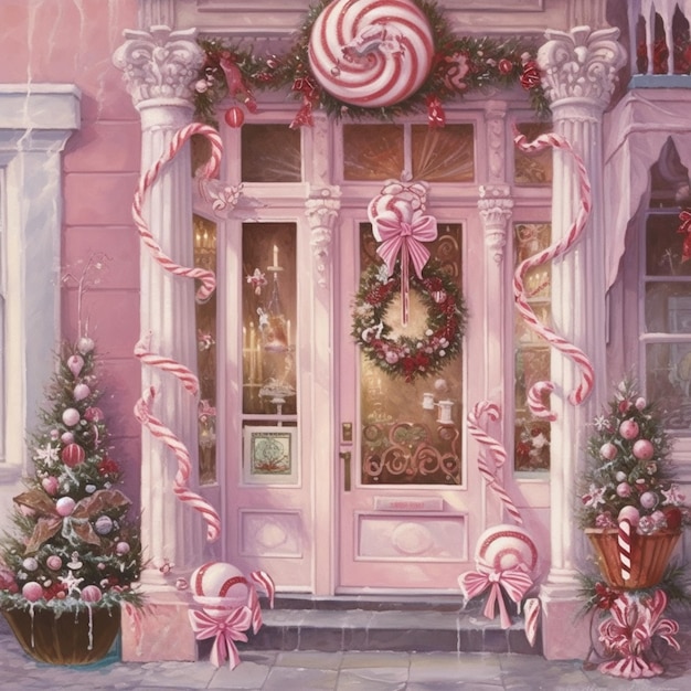 Une peinture d'une porte rose avec des cannes de bonbon et un arbre de Noël dans la fenêtre.