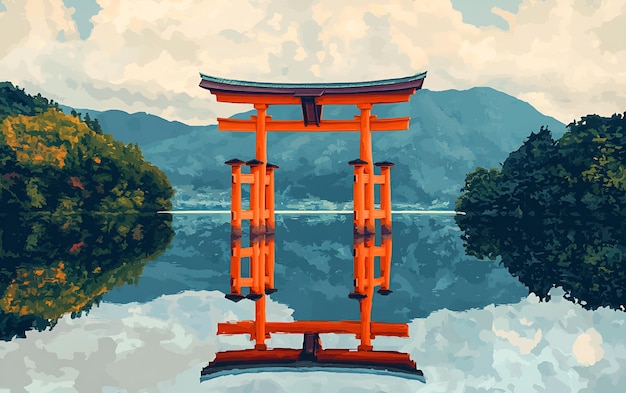 une peinture d'une porte torii avec une montagne en arrière-plan