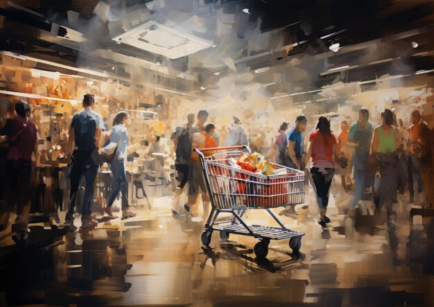 Photo une peinture postimpressionniste représentant un panier du black friday dans un magasin bondé, capturant l'agitation