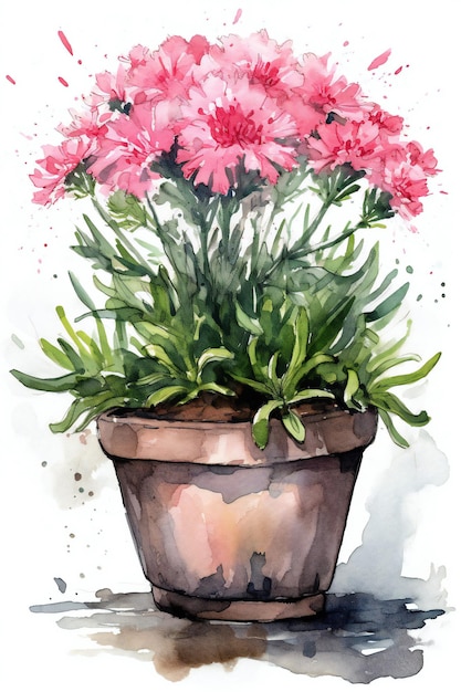 Une peinture d'un pot de fleurs avec le mot chrysanthème dessus