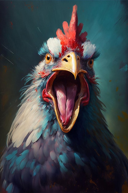 Une peinture d'un poulet avec un bec jaune et un bec rouge.