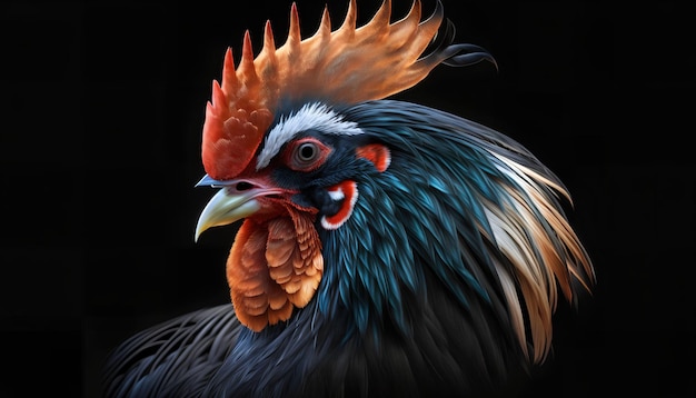 Une peinture d'un poulet sur fond noir