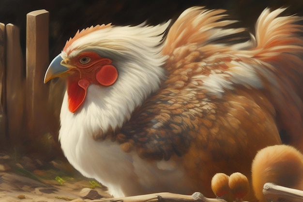 Une peinture d'un poulet avec une tête rouge et blanche et des plumes blanches.