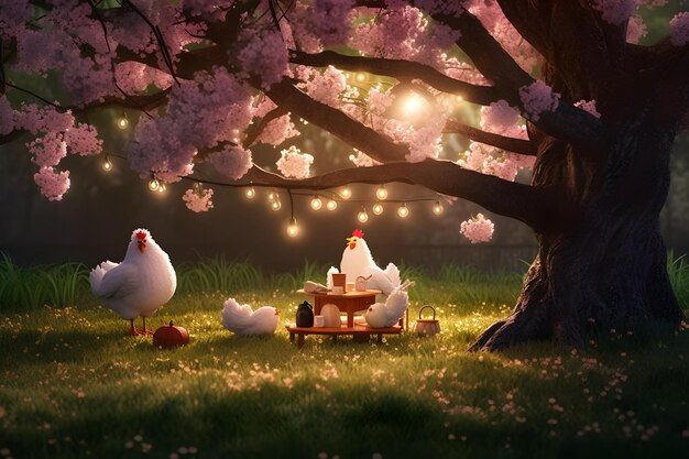 Photo une peinture de poulets sous un arbre avec des lumières suspendues aux branches