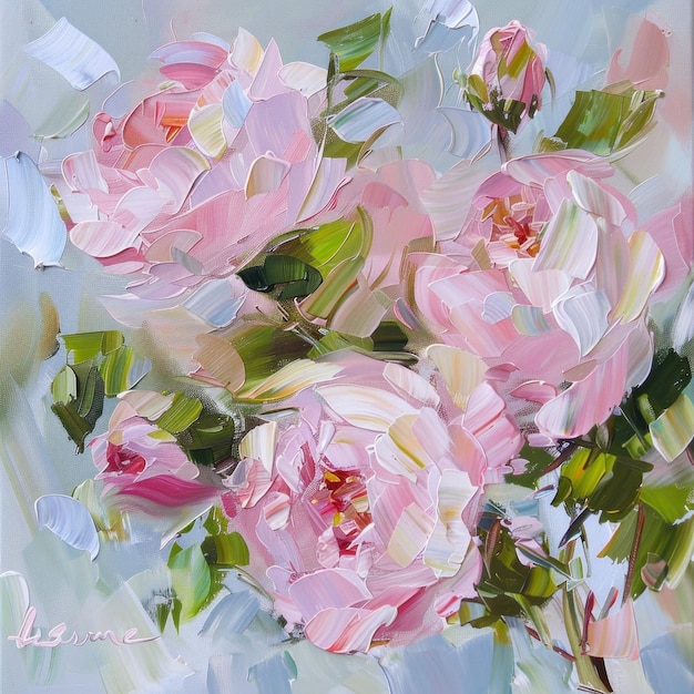Cette peinture présente un grappil de roses roses disposées dans un vase représenté avec un coup de pinceau délicat