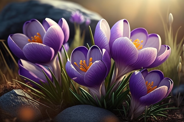 Peinture printanière avec des crocus violets sous les rayons du soleilLa beauté de la nature Generative AI