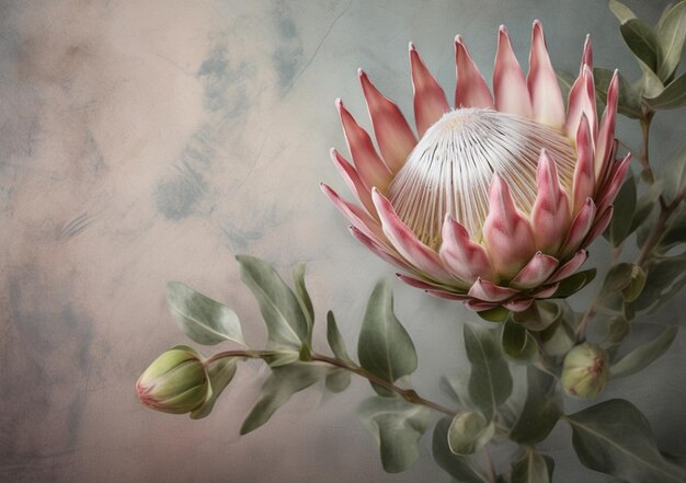 Photo une peinture d'un protea avec une fleur rose et blanche.