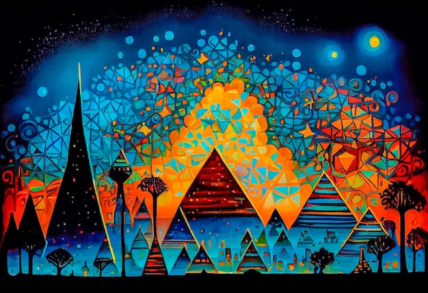 Une peinture d'une pyramide avec un fond bleu et orange.