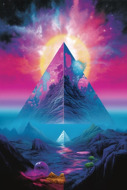 Une peinture d'une pyramide avec une montagne en arrière-plan ai générative
