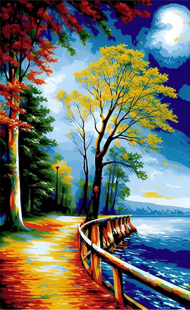 Une peinture d'un quai au bord du lac
