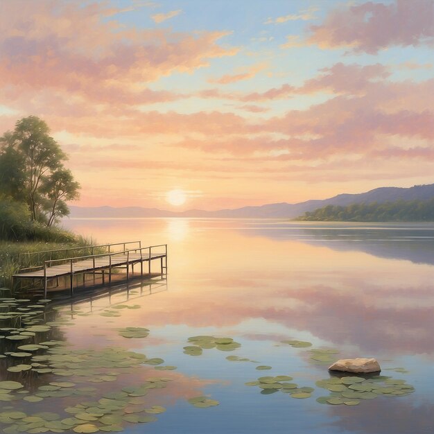 Photo peinture d'un quai au crépuscule avec des bateaux sur le générateur d'eau ai