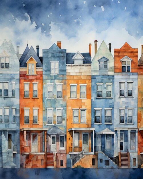 Photo peinture d'une rangée de maisons avec un fond de ciel ai générative